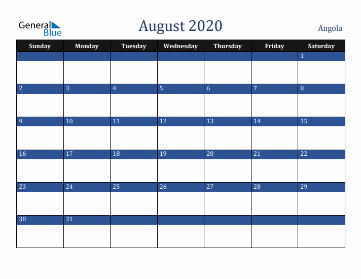 August 2020 Angola Calendar (Sunday Start)