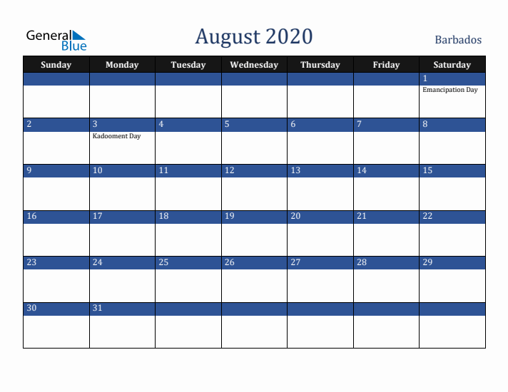 August 2020 Barbados Calendar (Sunday Start)