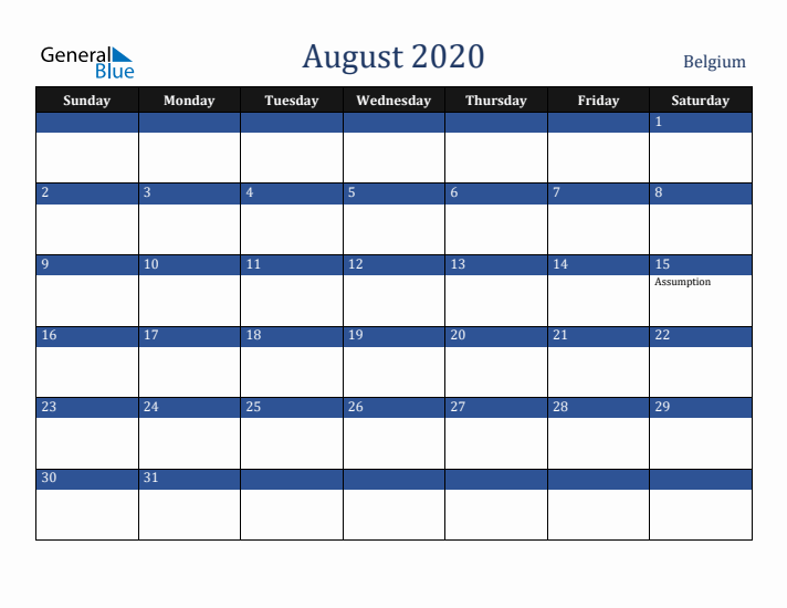 August 2020 Belgium Calendar (Sunday Start)