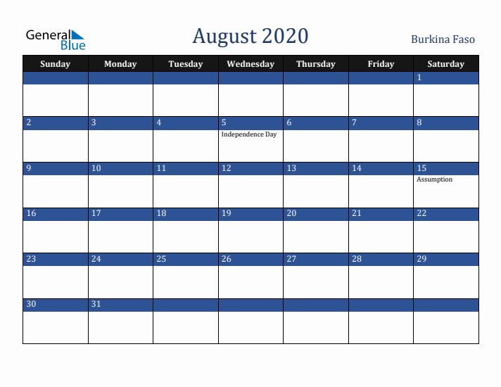 August 2020 Burkina Faso Calendar (Sunday Start)