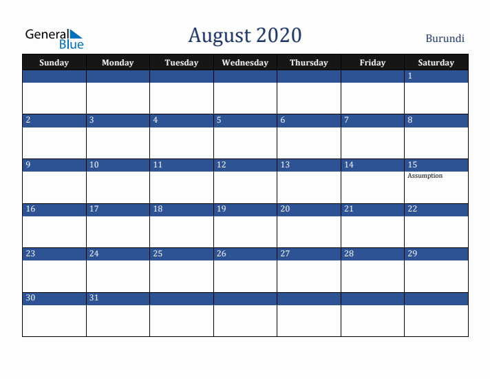 August 2020 Burundi Calendar (Sunday Start)