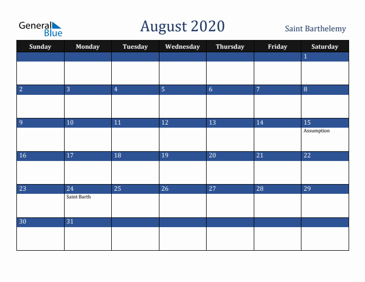 August 2020 Saint Barthelemy Calendar (Sunday Start)