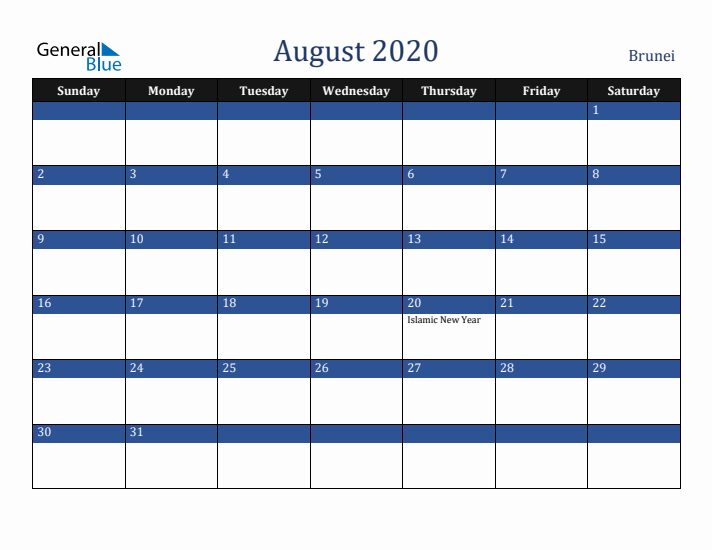 August 2020 Brunei Calendar (Sunday Start)