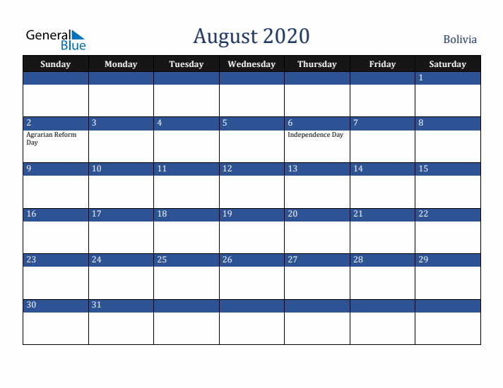 August 2020 Bolivia Calendar (Sunday Start)