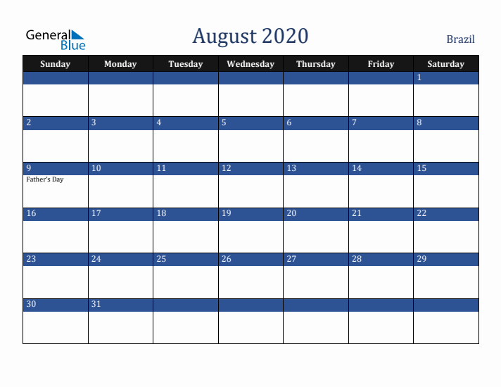 August 2020 Brazil Calendar (Sunday Start)