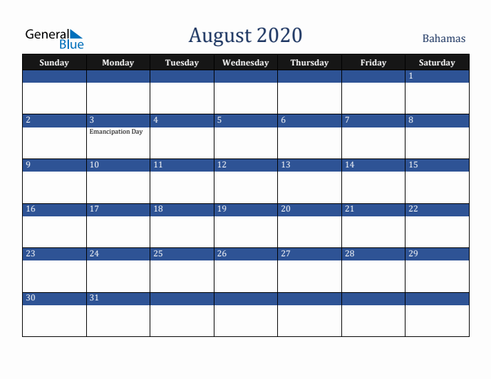 August 2020 Bahamas Calendar (Sunday Start)