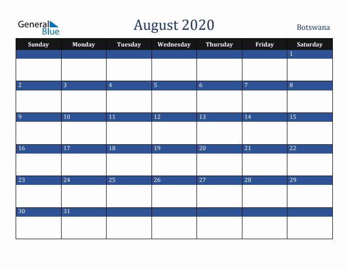 August 2020 Botswana Calendar (Sunday Start)