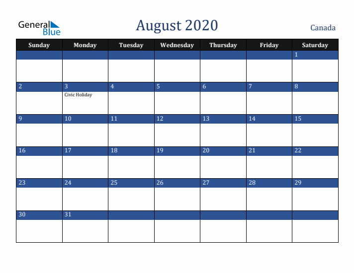 August 2020 Canada Calendar (Sunday Start)