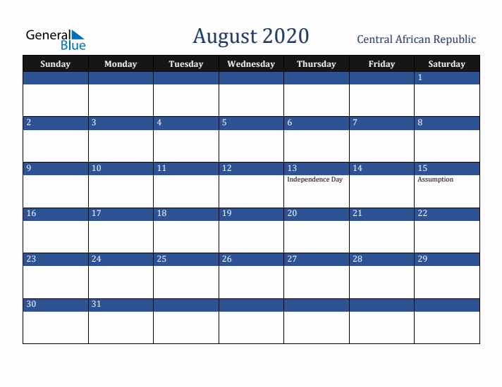 August 2020 Central African Republic Calendar (Sunday Start)