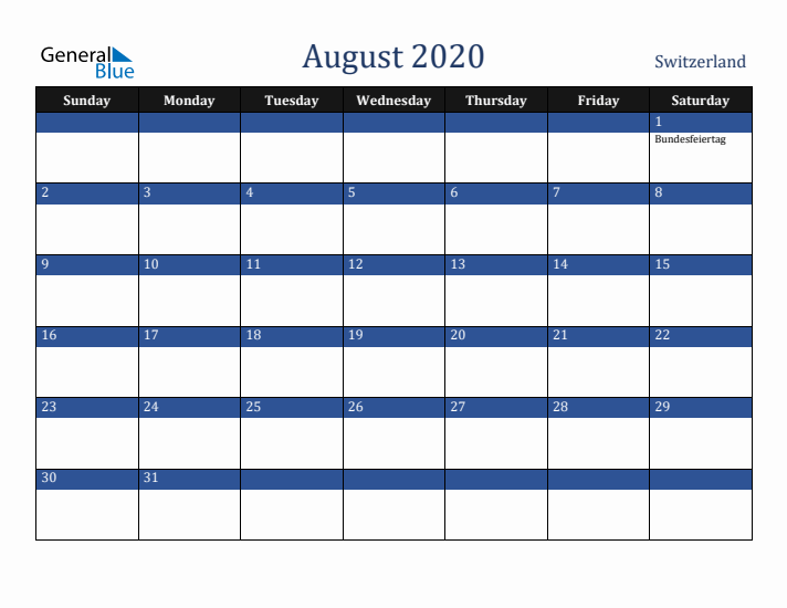 August 2020 Switzerland Calendar (Sunday Start)