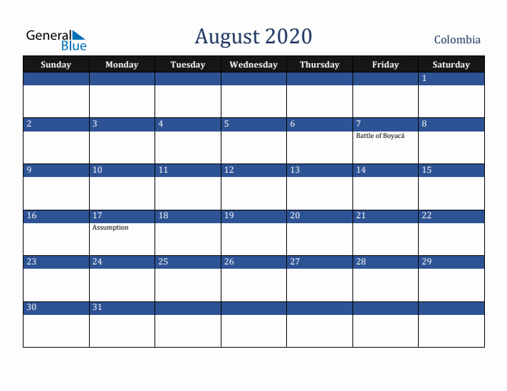 August 2020 Colombia Calendar (Sunday Start)