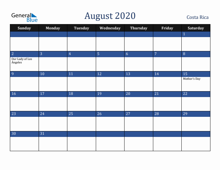 August 2020 Costa Rica Calendar (Sunday Start)