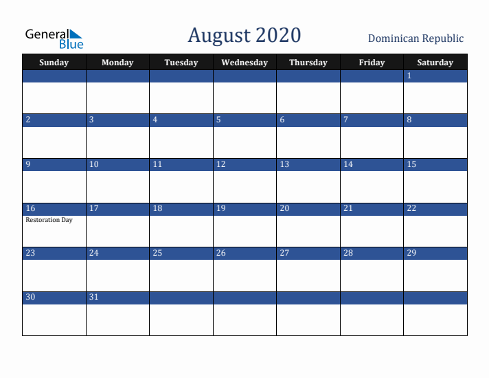 August 2020 Dominican Republic Calendar (Sunday Start)