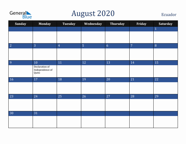 August 2020 Ecuador Calendar (Sunday Start)