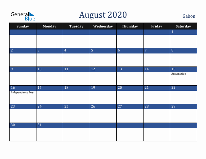 August 2020 Gabon Calendar (Sunday Start)