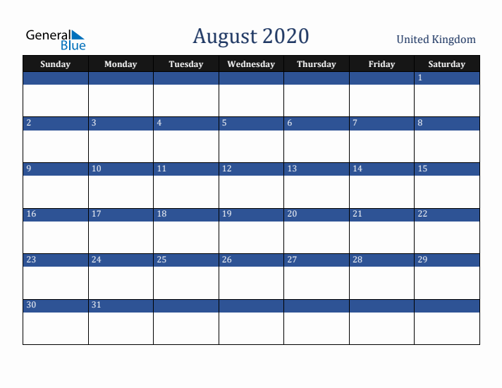 August 2020 United Kingdom Calendar (Sunday Start)