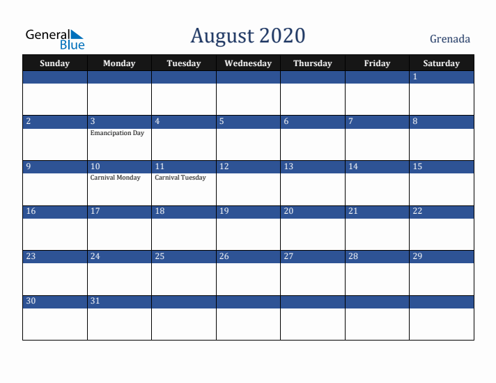 August 2020 Grenada Calendar (Sunday Start)