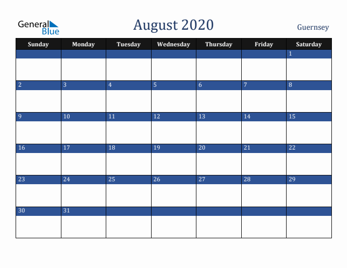 August 2020 Guernsey Calendar (Sunday Start)