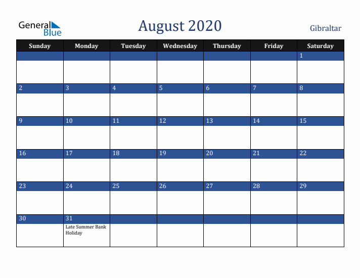 August 2020 Gibraltar Calendar (Sunday Start)