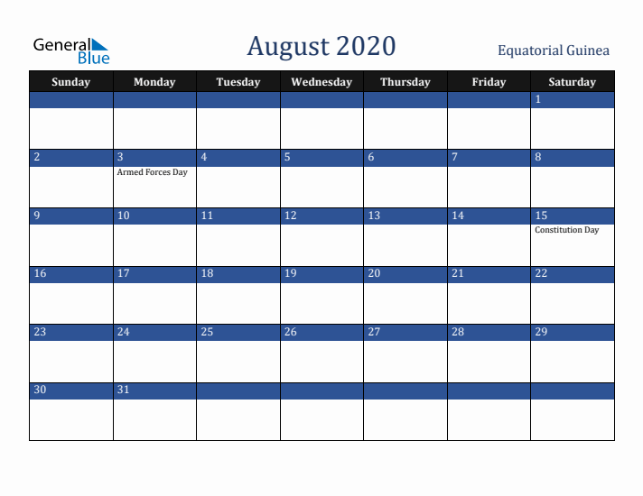 August 2020 Equatorial Guinea Calendar (Sunday Start)