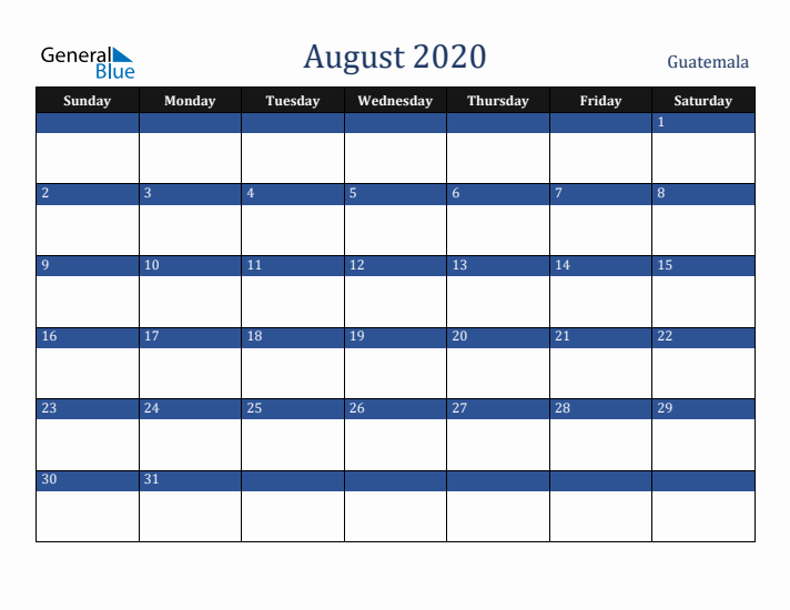 August 2020 Guatemala Calendar (Sunday Start)