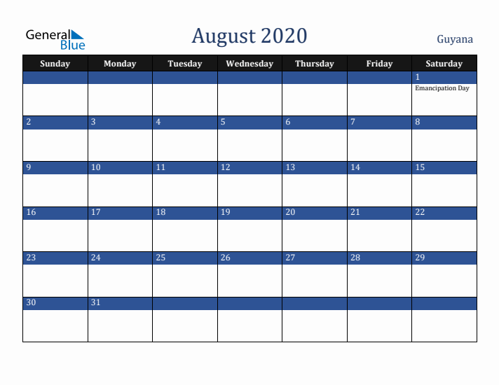 August 2020 Guyana Calendar (Sunday Start)