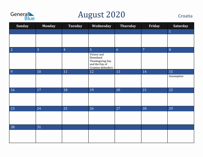 August 2020 Croatia Calendar (Sunday Start)