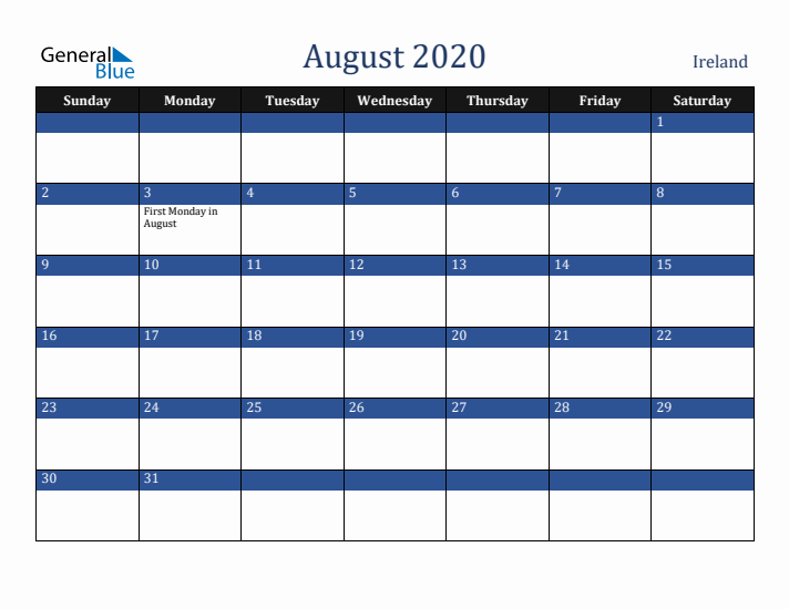 August 2020 Ireland Calendar (Sunday Start)