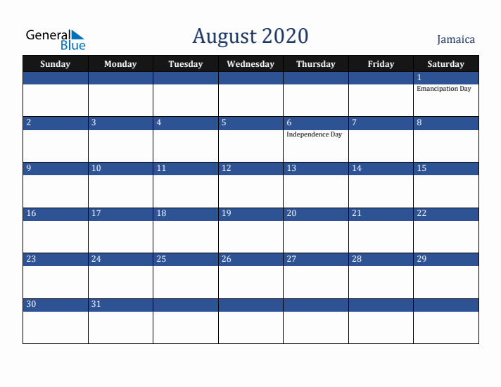 August 2020 Jamaica Calendar (Sunday Start)