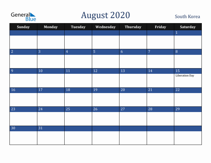 August 2020 South Korea Calendar (Sunday Start)