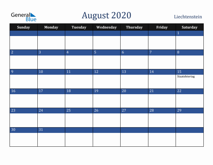 August 2020 Liechtenstein Calendar (Sunday Start)