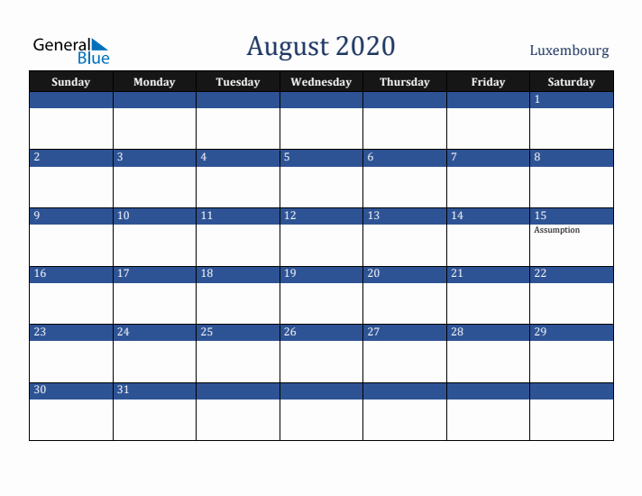 August 2020 Luxembourg Calendar (Sunday Start)