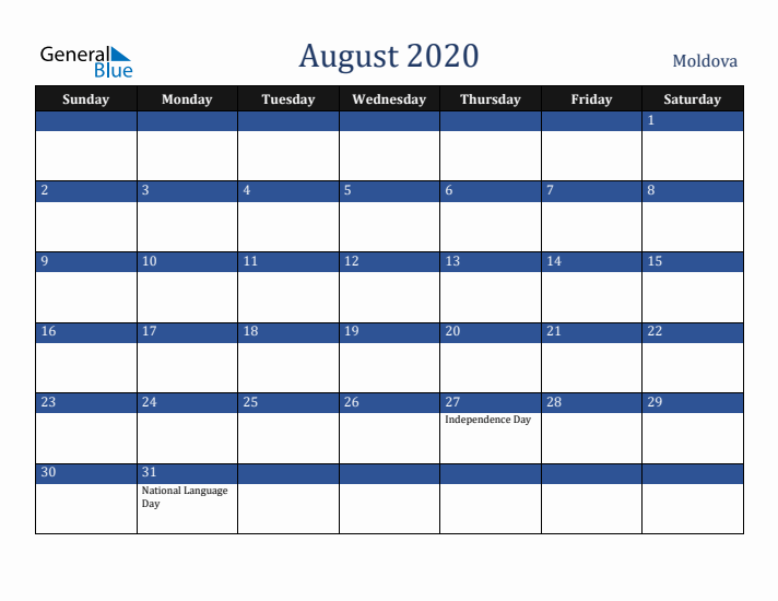 August 2020 Moldova Calendar (Sunday Start)