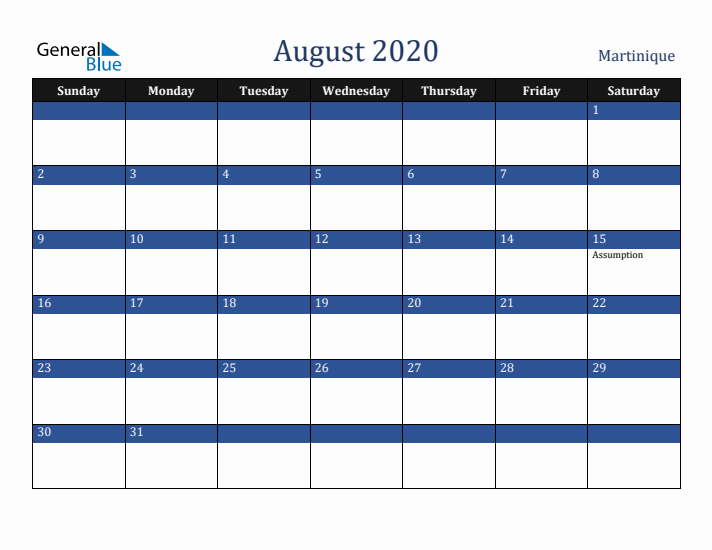 August 2020 Martinique Calendar (Sunday Start)