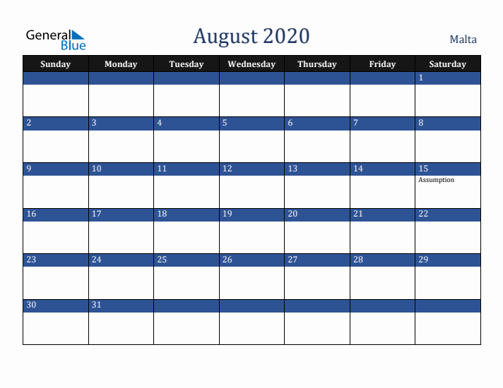 August 2020 Malta Calendar (Sunday Start)