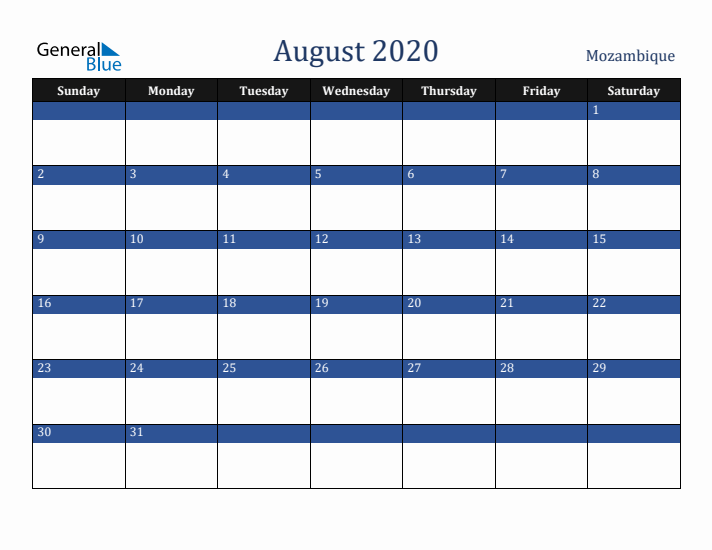 August 2020 Mozambique Calendar (Sunday Start)