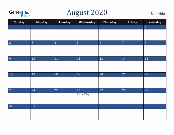 August 2020 Namibia Calendar (Sunday Start)