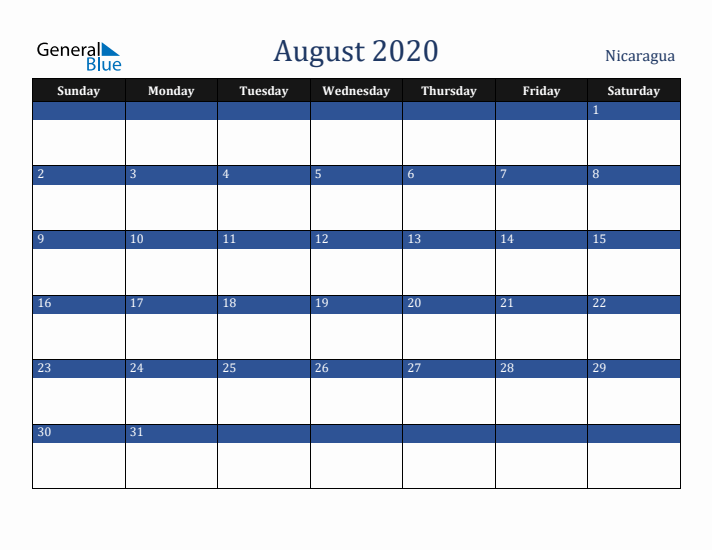 August 2020 Nicaragua Calendar (Sunday Start)