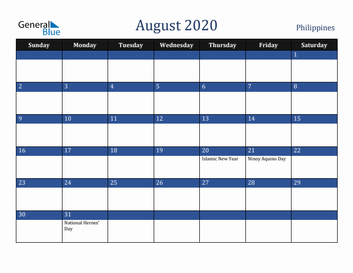 August 2020 Philippines Calendar (Sunday Start)