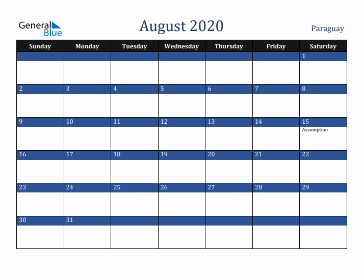 August 2020 Paraguay Calendar (Sunday Start)