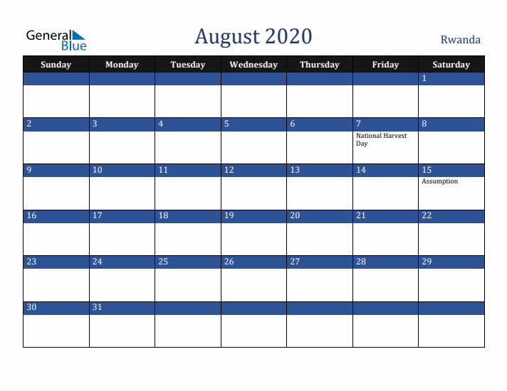 August 2020 Rwanda Calendar (Sunday Start)