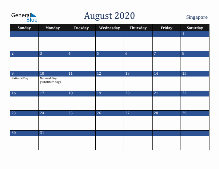 August 2020 Singapore Calendar (Sunday Start)