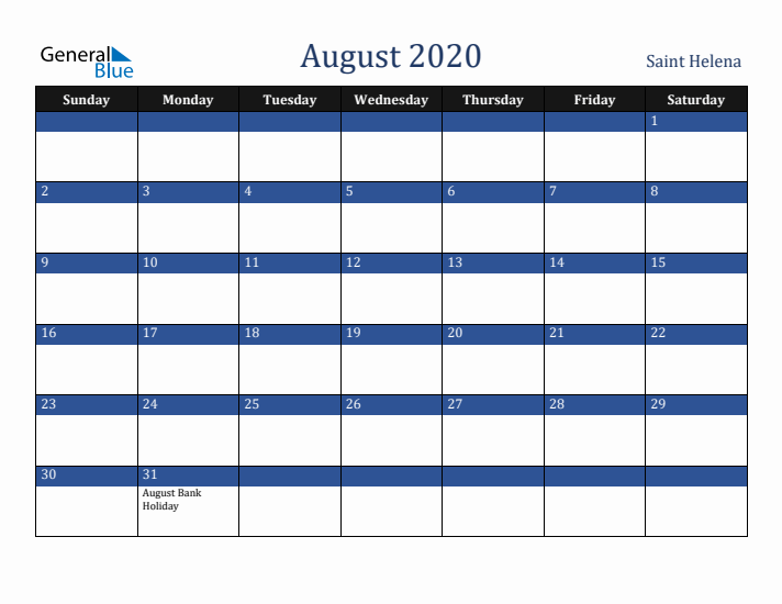 August 2020 Saint Helena Calendar (Sunday Start)