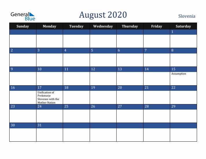 August 2020 Slovenia Calendar (Sunday Start)