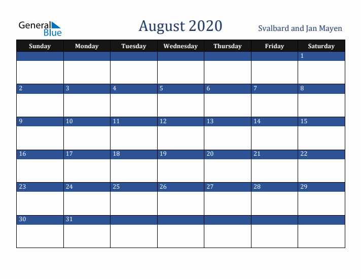 August 2020 Svalbard and Jan Mayen Calendar (Sunday Start)