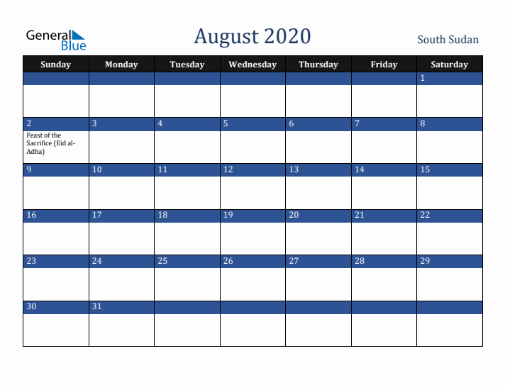 August 2020 South Sudan Calendar (Sunday Start)