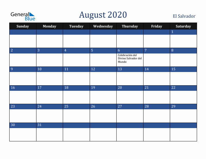 August 2020 El Salvador Calendar (Sunday Start)