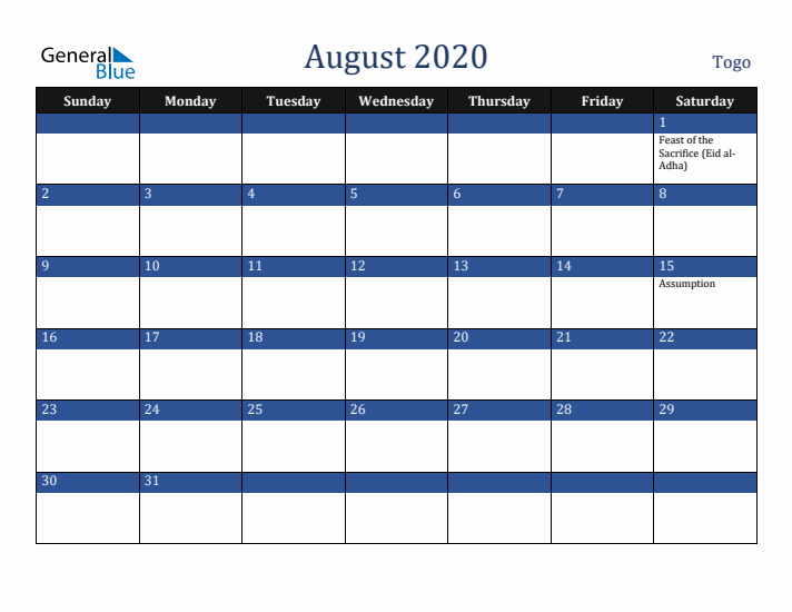 August 2020 Togo Calendar (Sunday Start)