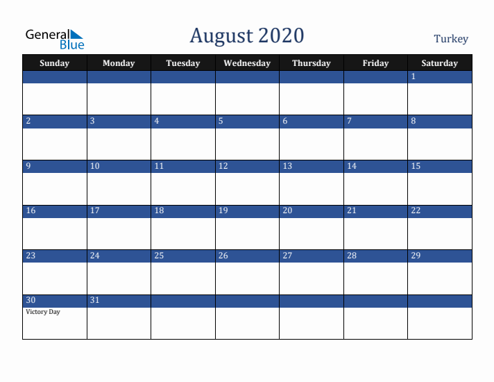 August 2020 Turkey Calendar (Sunday Start)