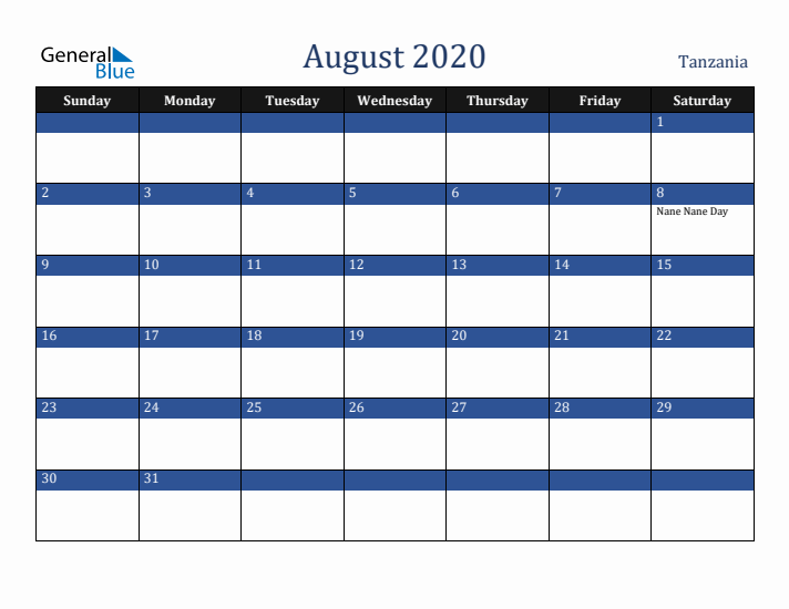 August 2020 Tanzania Calendar (Sunday Start)